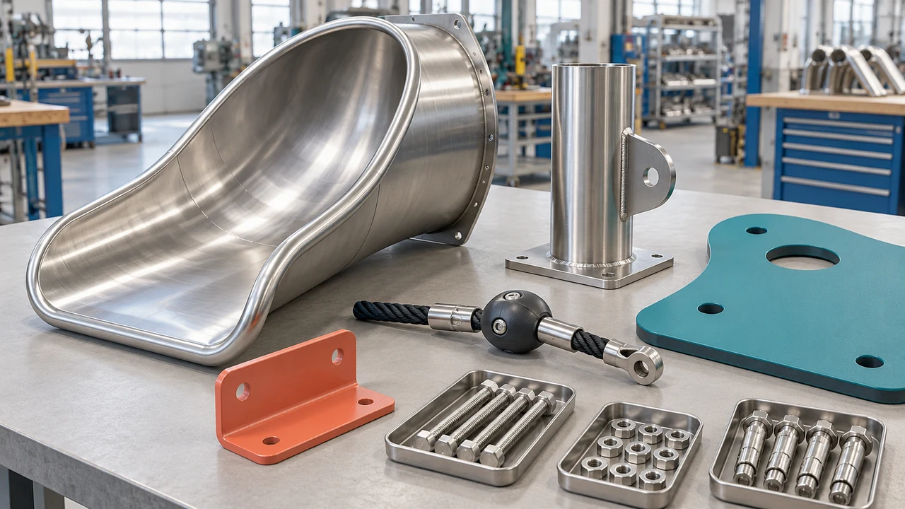 AG Concept Visual of stainless steel, coated metal, HDPE, rope connectors and hardware on a material workbench
