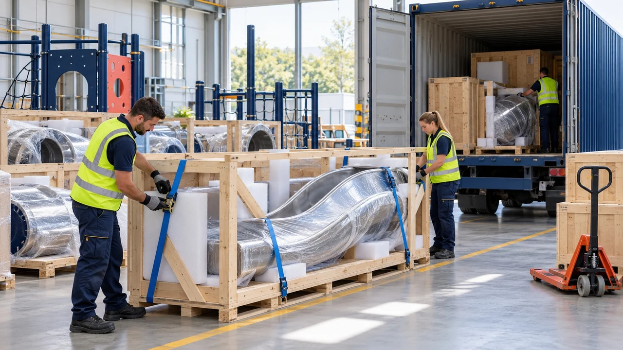AG Concept Visual of playground components protected in export crates in a packing and container staging bay