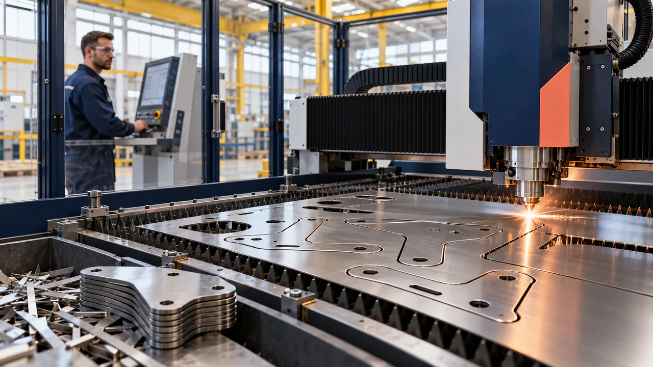 AG Concept Visual of a guarded laser-cutting cell producing metal component profiles
