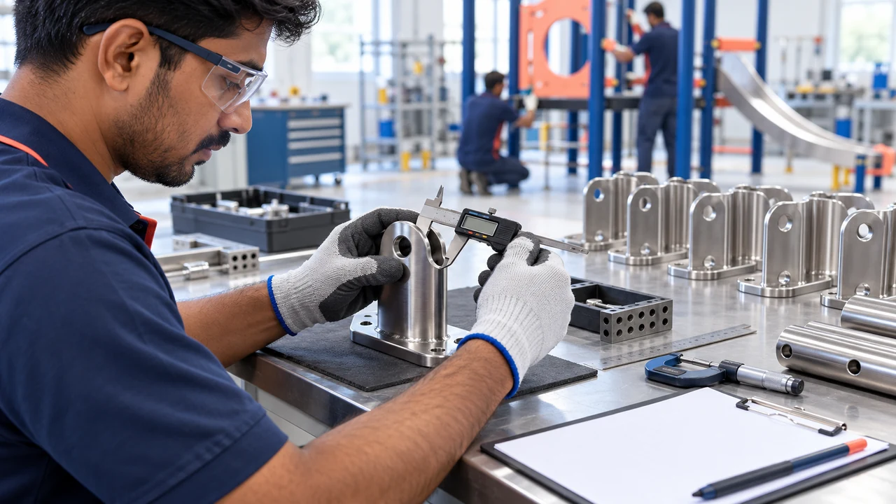 AG Concept Visual of a technician checking a metal component with measurement tools at an inspection bench