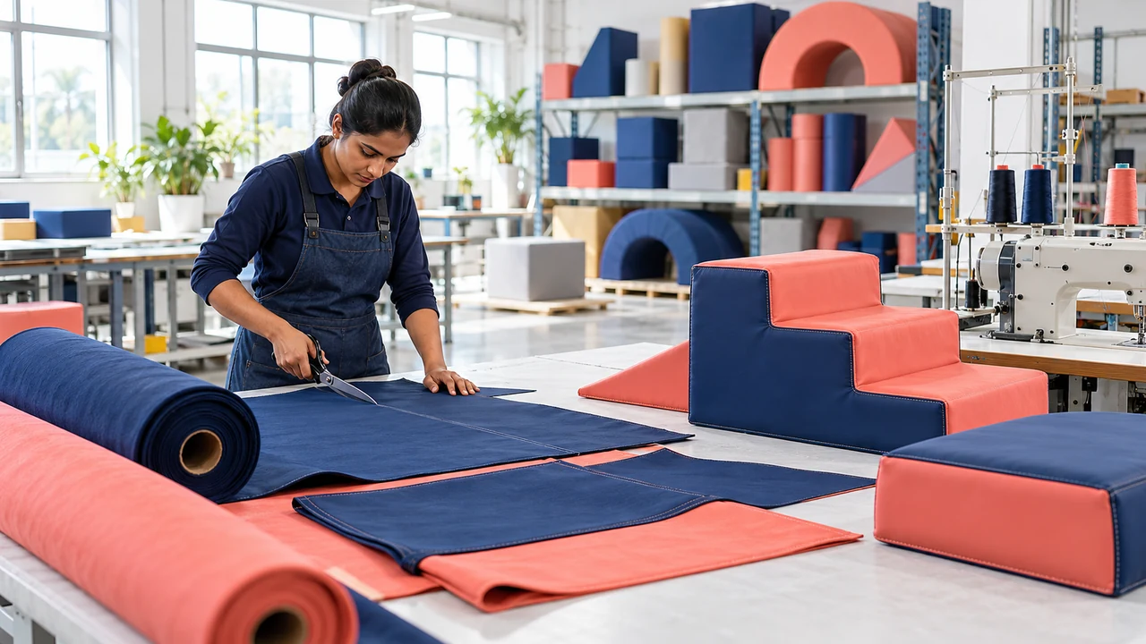AG Concept Visual of foam forms, stitched covers and an upholstery worktable in a soft-play workshop